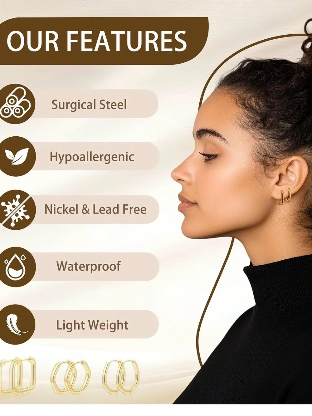 LIHADA 14K Gold Plated Surgical Steel Hoop Earrings 9 Pair Set